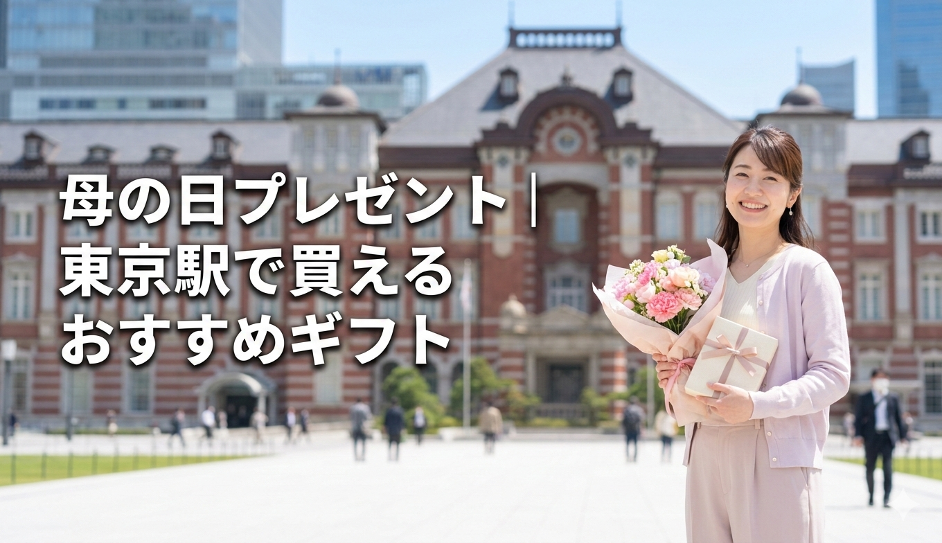 母の日プレゼントを持って東京駅に立つ女性