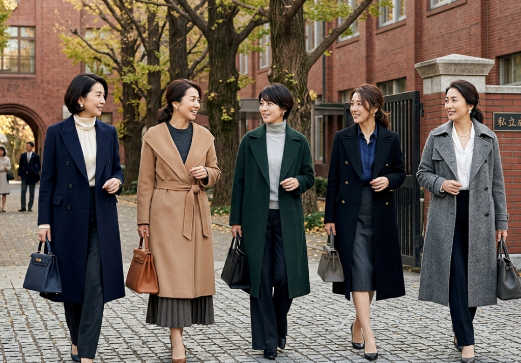 保護者会で使える細身ダウンコートの着用イメージ