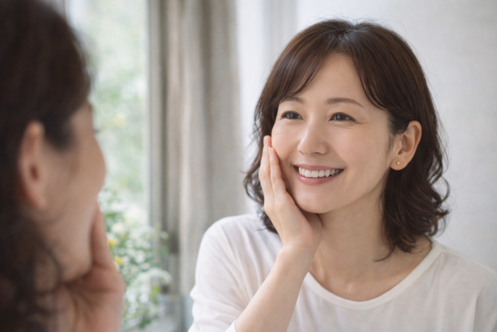 口周りの髭の悩みが解消されて鏡を見て微笑む40代・50代の女性