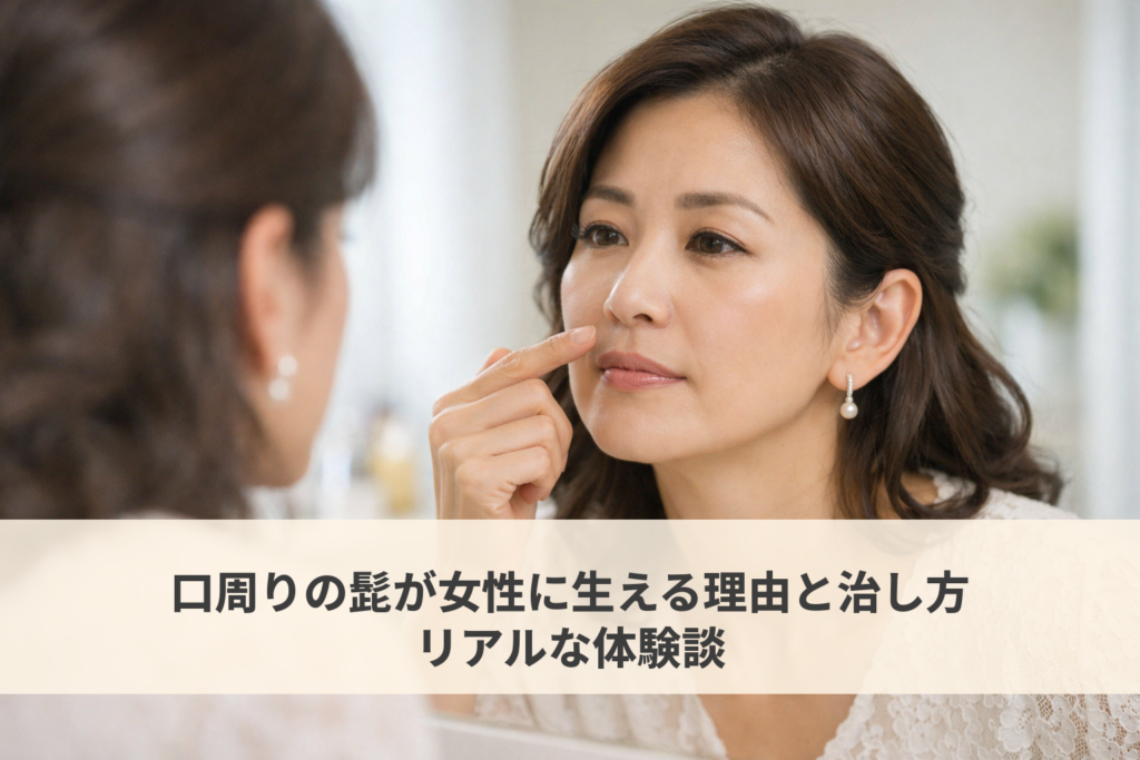 口周りの髭が気になっている40代・50代の女性が鏡を見ている様子