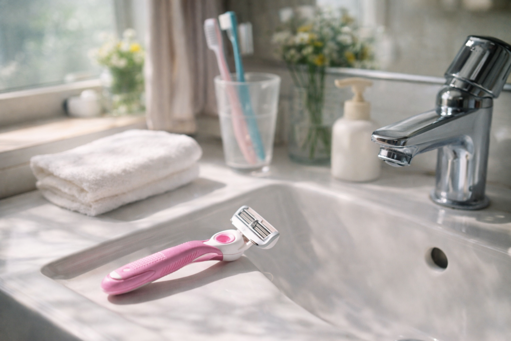 洗面台に置かれたフェイスシェーバーと女性の朝の自己処理の風景