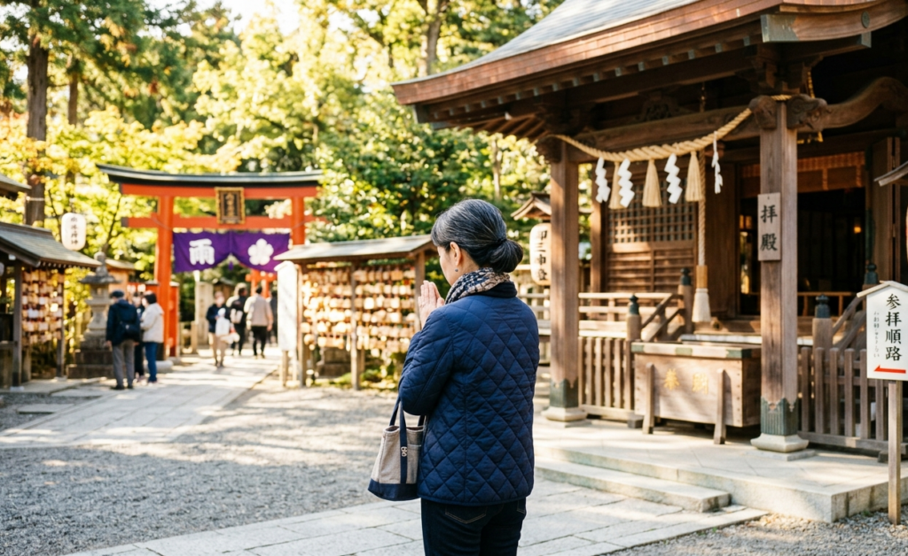 東国三社参りで開運祈願をする女性のイメージ
