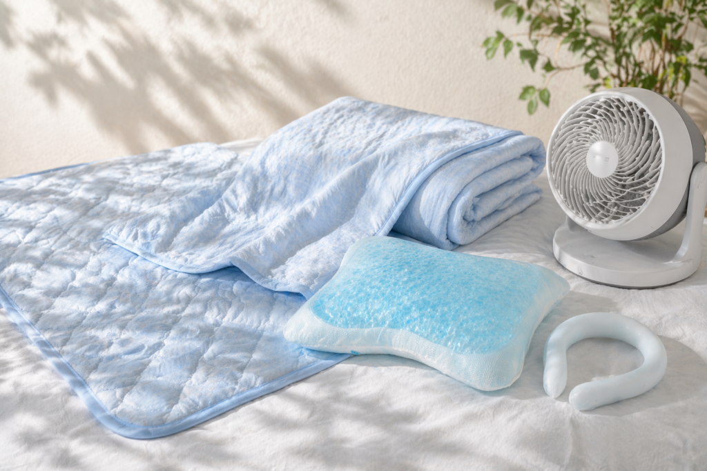 寝苦しい暑い夜に使えるグッズ5点｜冷感敷きパッド・冷感ケット・アイス枕・ネッククーラー・サーキュレーター