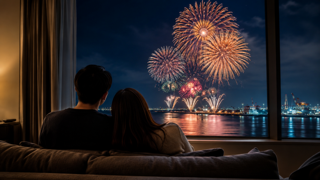 木更津のホテルの部屋から花火大会をながめる様子