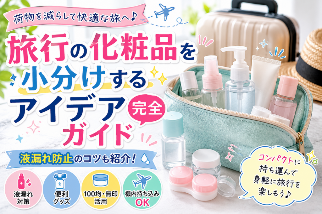 旅行の化粧品を小分けするアイデアを紹介するアイキャッチ画像。トラベルボトルや化粧ポーチを使った液漏れ防止対策を解説。